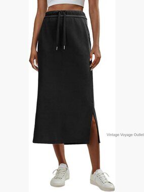 Maxi Skirt High Waist Drawstring Side Slit Pockets Casual Summer